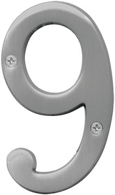 Hy-Ko Prestige Series BR-43SN/9 House Number, Character: 9, 4 in H Character, Nickel Character, Solid Brass